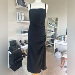 Zara spaghetti strap ruched front slit black dress